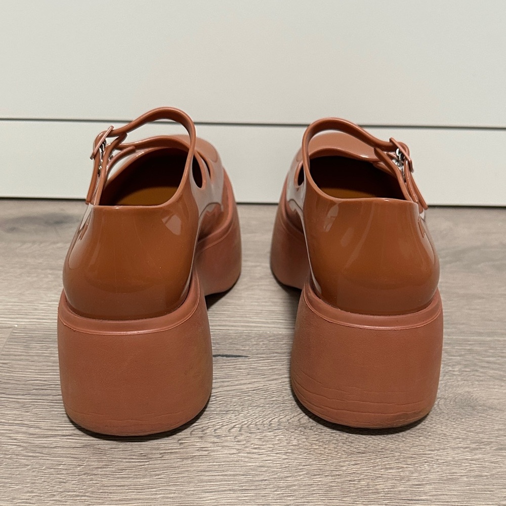 Melissa Platform Mary Jane Shoes in Tan Brown with Black Straps - Picture 10 of 13